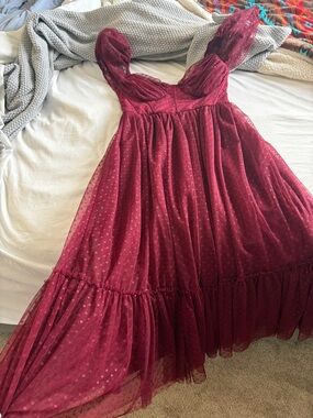 Lulu's Burgundy Polka Dot Mesh Midi Dress